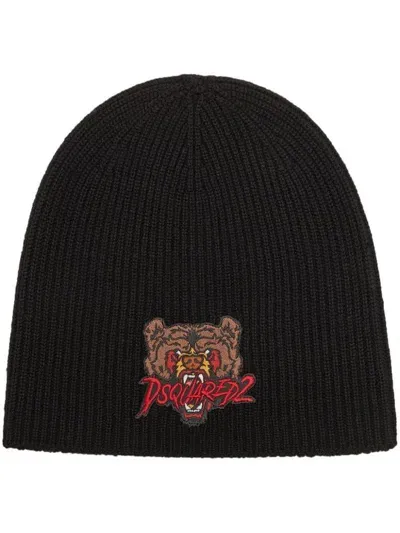 Dsquared2 Wool Beanie With Front Embroidery In Nero