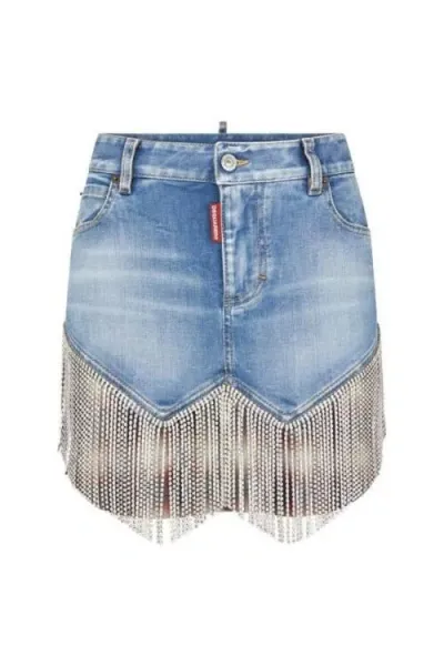 Dsquared2 Crystal Fringe Denim Midrise Mini Skirt In Blue