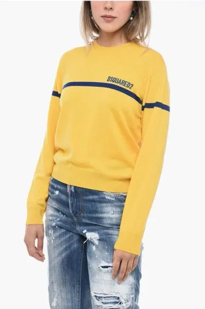 Dsquared2 Crew Neck Virgin Wool Sweater With Embroidered Logo In Yellow