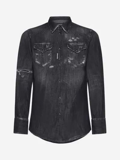 Dsquared2 Distressed Denim Shirt In Black