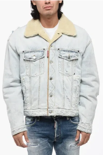 Dsquared2 Distressed Denim Jacket With Faux Fur In Blue