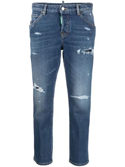 Dsquared2 Distressed Slim-fit Cropped Jeans In Blau