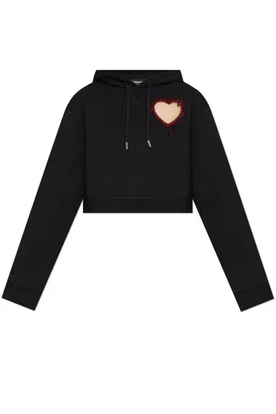 Dsquared2 Embellished Heart Cropped Cool Fit Hoodie In Black