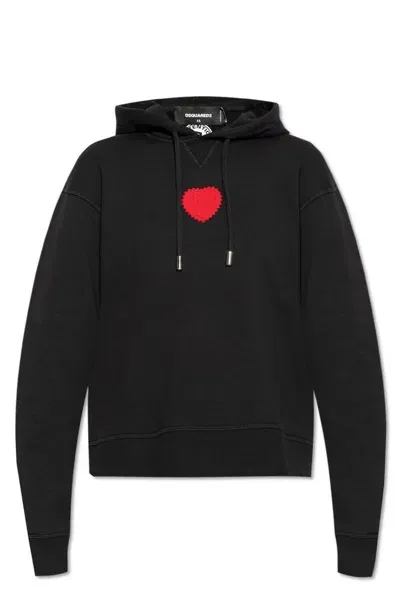 Dsquared2 Heart Patch Drawstring Hoodie In Nero