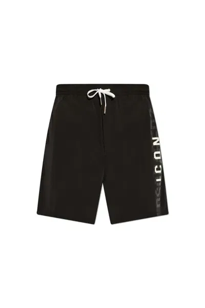 Dsquared2 Icon Logo Printed Drawstring Swim Shorts In Black