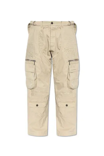 Dsquared2 Logo Embroidered Distressed Cargo Pants In Beige