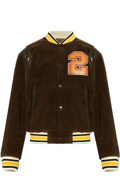 Dsquared2 Logo Patch Shearling Bomber Jacket In Brown