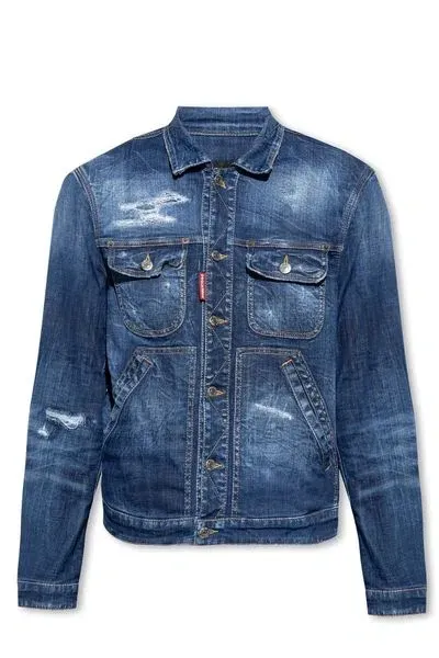 Dsquared2 Buttoned Distressed Denim Jacket In Blue