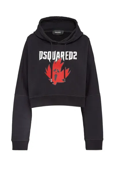 Dsquared2 Maple Leaf Cotton Hoodie In Black