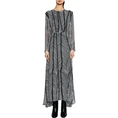 Du Paradis Mila Chevron Stripe Long Sleeve Maxi Dress In Black White Wavy Chevron