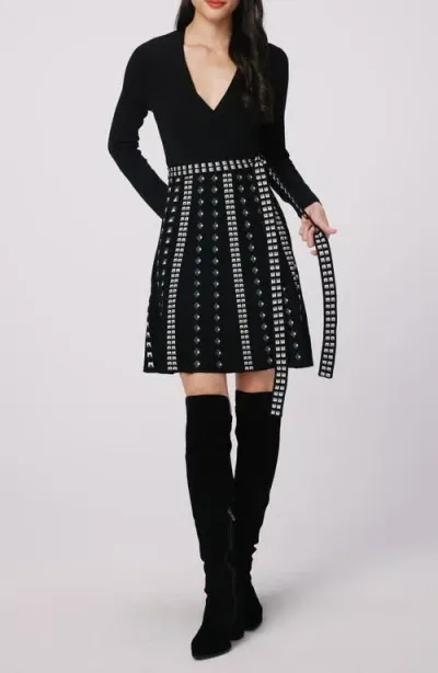 Dvf Chelsea Long Sleeve Metallic Pleat Dress In Black/stud