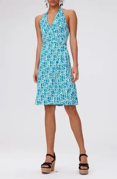 Dvf Nishi Print Tie Waist Halter Dress In Infinite Geo Teal Med