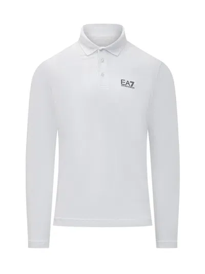 Ea7 Emporio Armani Logo Printed Long Sleeved Polo Shirt In White