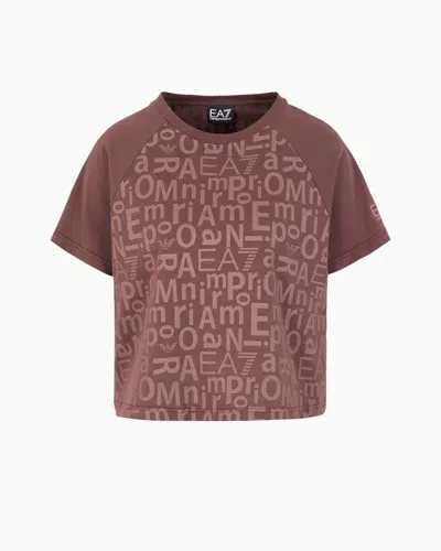 Ea7 Graphic Series Stretch-cotton Cropped T-shirt With All-over Print In Brown