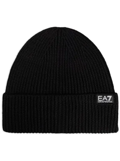 Ea7 Logo-patch Knitted Beanie In Black