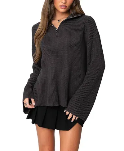 Edikted Amour High Neck Oversized Zip Sweater In Dark Gray