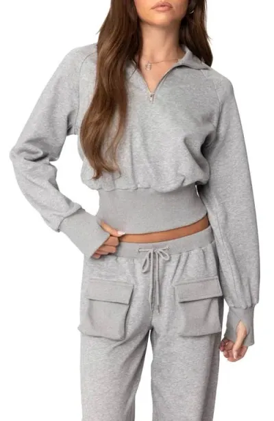 Edikted Bailey French Terry Crop Quarter Zip Sweatshirt In Gray Melange