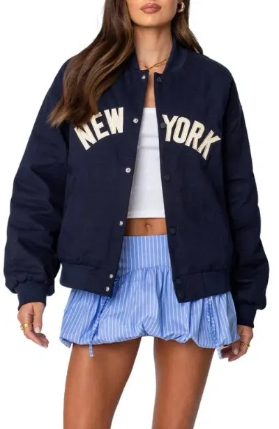 Edikted Big Apple Oversize Bomber Jacket In Navy