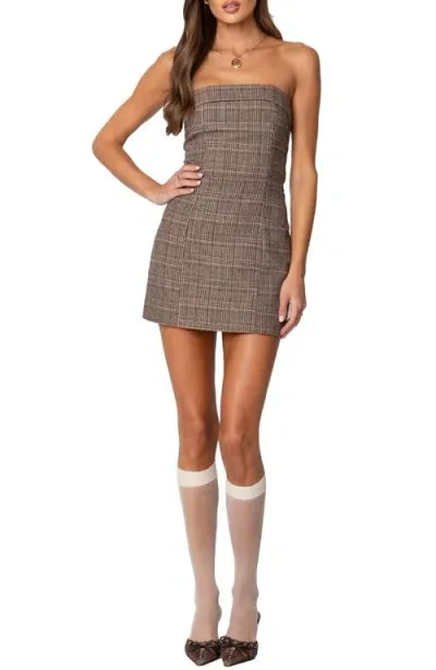 Edikted Boss Mode Strapless Plaid Minidress In Brown