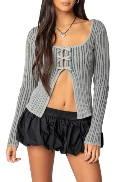 Edikted Bow Cutout Cotton Rib Sweater In Gray