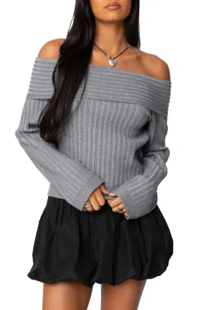 Edikted Brandy Off The Shoulder Rib Sweater In Dark-gray