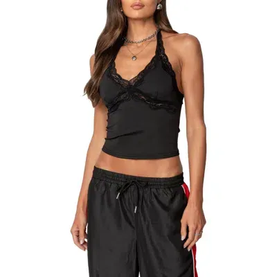 Edikted Cindi Lace Trim Halter Crop Top In Black