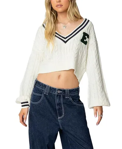 Edikted Collegiate Cropped Cable Knit Sweater In Cream