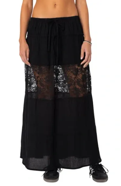 Edikted Double Tie Lace Panel Maxi Skirt In Black