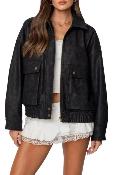 Edikted Faux Leather Bomber Jacket In Black