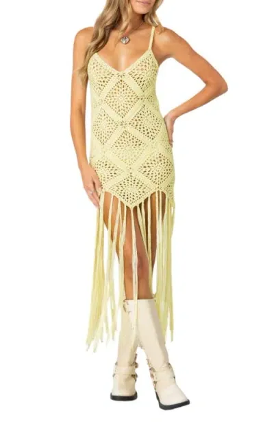 Edikted Fringe Open Knit Minidress In Yellow