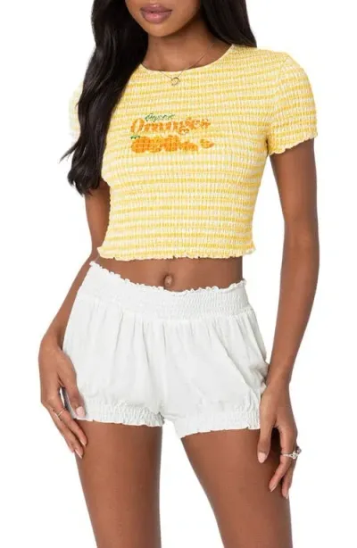 Edikted Gingham Smocked Crop Cotton Graphic T-shirt In Yellow