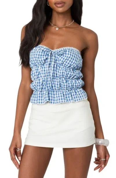 Edikted Lanna Gingham Scrunched Strapless Top In Blue