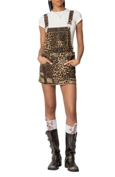 Edikted Leopard Denim Overall Mini Dress