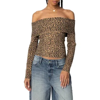 Edikted Leopard Print Fold Over Off The Shoulder Knit Top