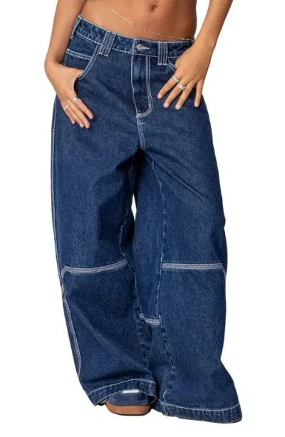 Edikted Low Rise Super Wide Leg Jeans In Dark-blue