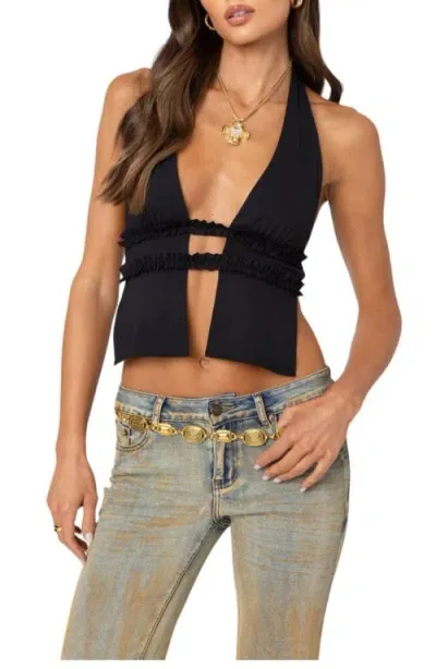 Edikted Luma Split Front Open Back Halter Top In Black