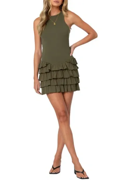 Edikted Margot Tiered Ruffle Knit Minidress In Olive