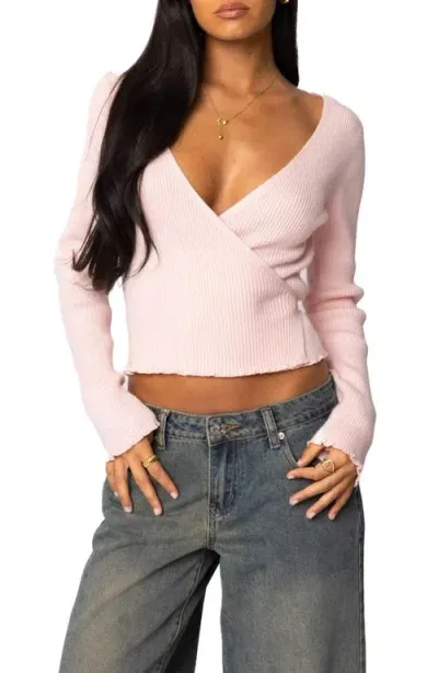 Edikted Paden Rib Knit Crop Wrap Top In Light-pink