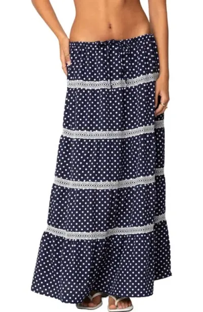 Edikted Polka Dot Tiered Maxi Skirt In Navy