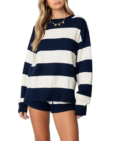 Edikted Riley Oversized Striped Sweater In Navy And Cream