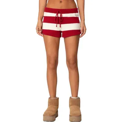 Edikted Riley Stripe Knit Shorts In Burgundy And Cream