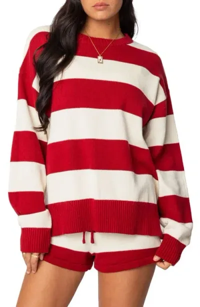 Edikted Riley Stripe Oversize Sweater In Burgundy And Cream