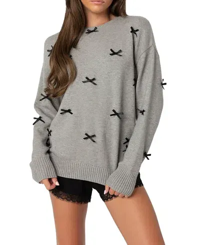 Edikted Satin Bow Oversized Sweater In Gray Melange