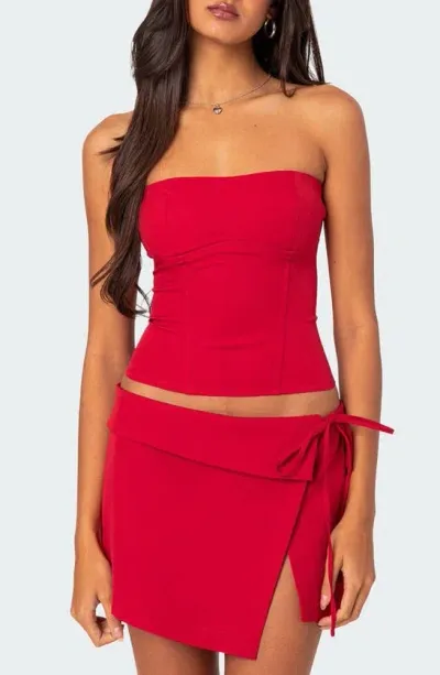 Edikted Selena Lace-up Strapless Corset Top In Red