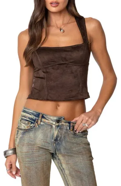 Edikted Tie Back Faux Suede Bustier Top In Brown