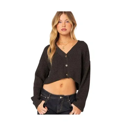 Edikted Oversize Waffle Knit Crop Cardigan In Dark-gray