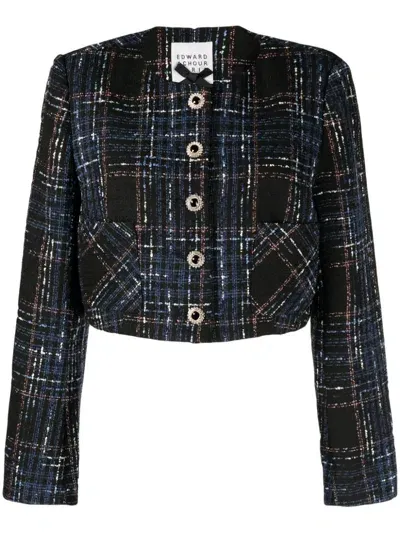 Edward Achour Paris Button-down Tweed Cropped Jacket In Blue