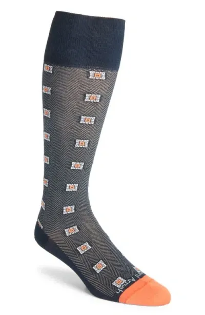 Edward Armah Herringbone Medallion Compression Dress Socks In Navy