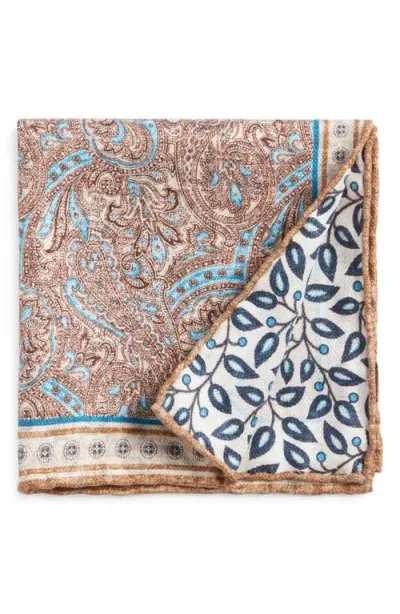 Edward Armah Paisley & Leaf Print Reversible Silk Pocket Square In Beige/brown