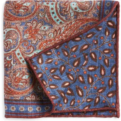 Edward Armah Paisley & Leaf Print Reversible Silk Pocket Square In Denim